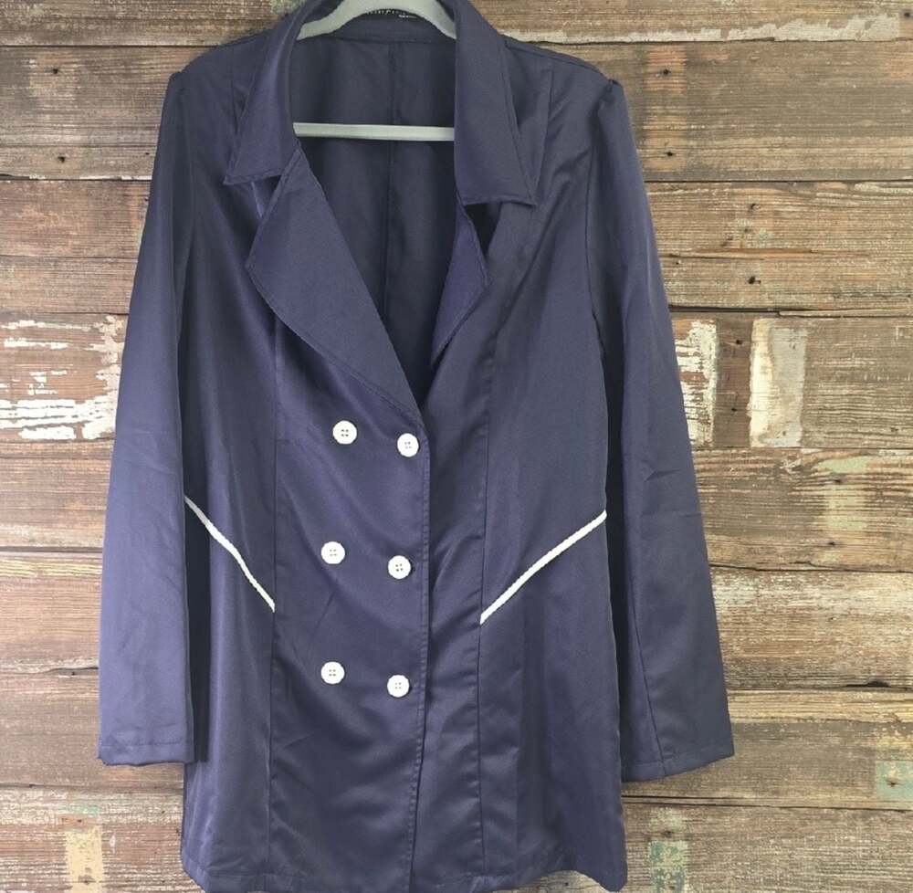 Emery Rose Navy Double Breasted Blazer Jacket with White Piping Trim XXL